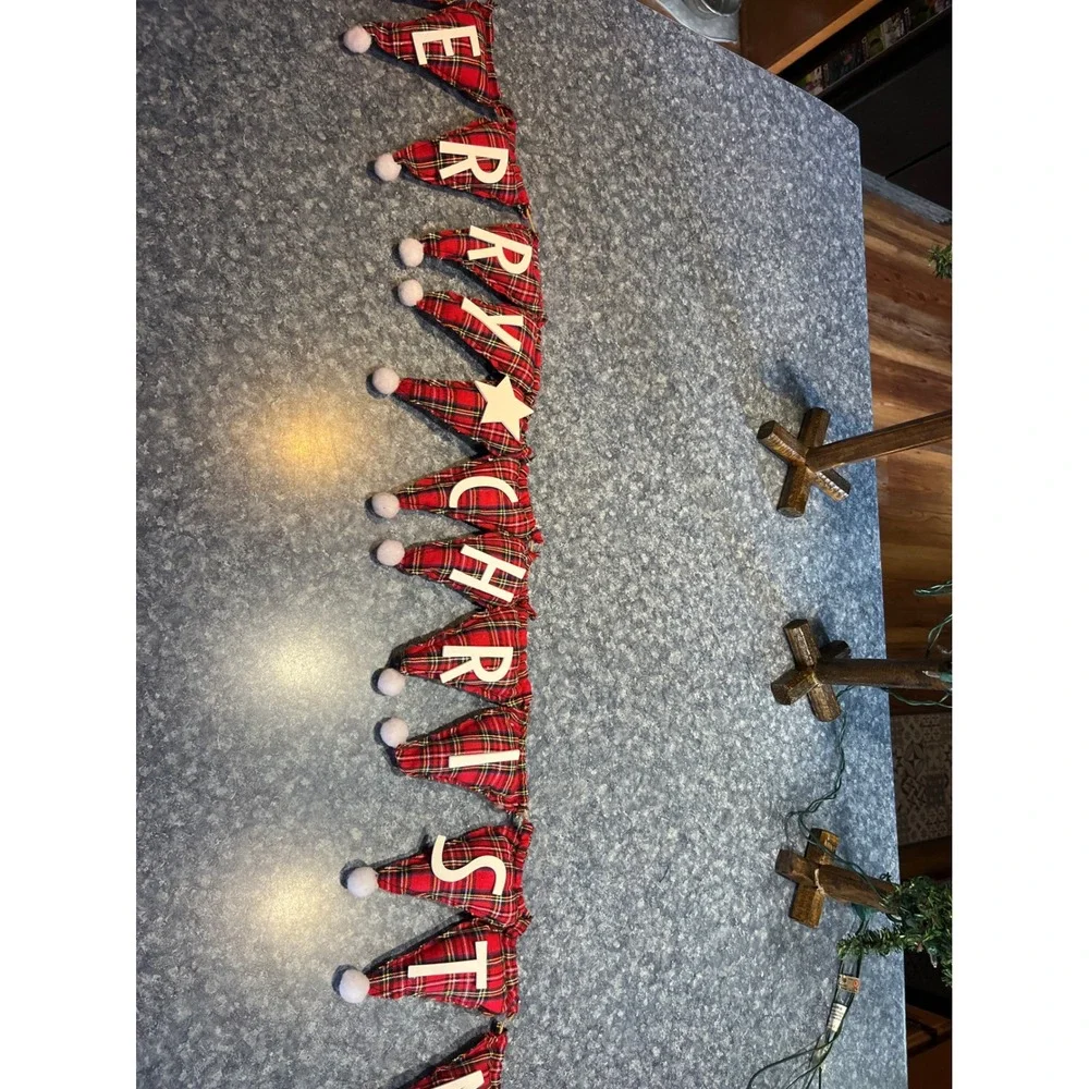 Merry Christmas Plaid Santa Hat Banner Red Tartan Holiday Garland Pom Poms Decor